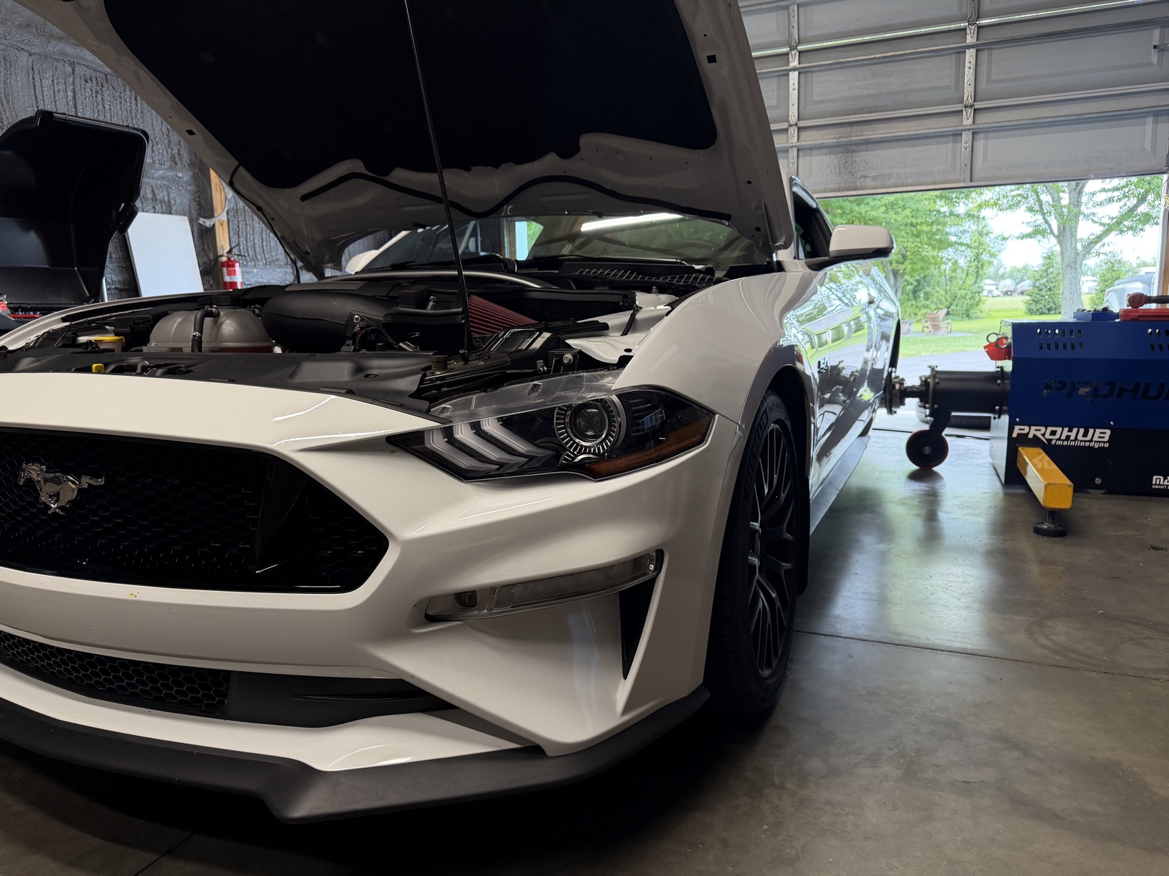 A Mustang GT with the hood up in the shop bay
