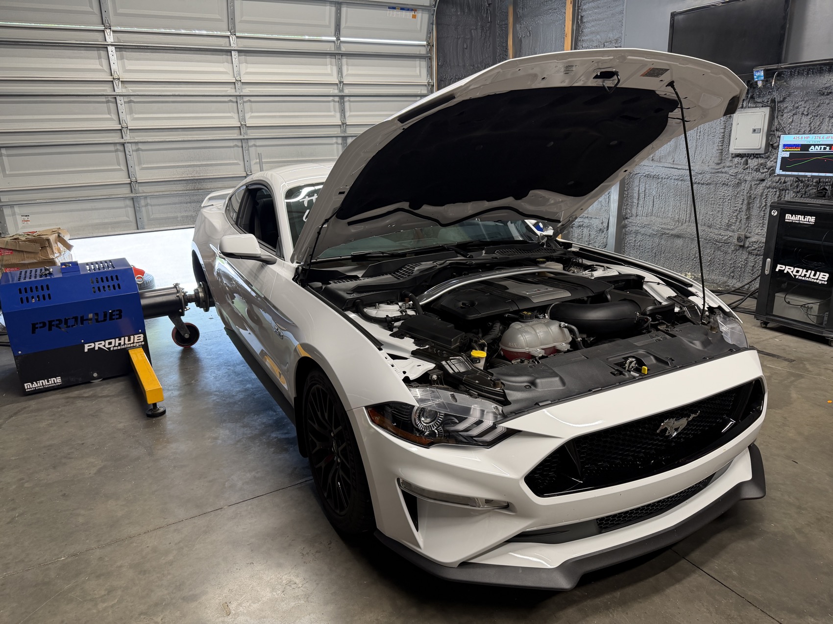 A white Mustang GT strapped down on the dyno at the shop